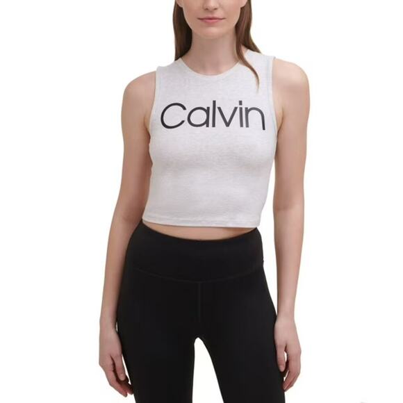 NWT Calvin Klein Performance Women's Beige Logo Front Cropped Tank Top Size L - Picture 1 of 6